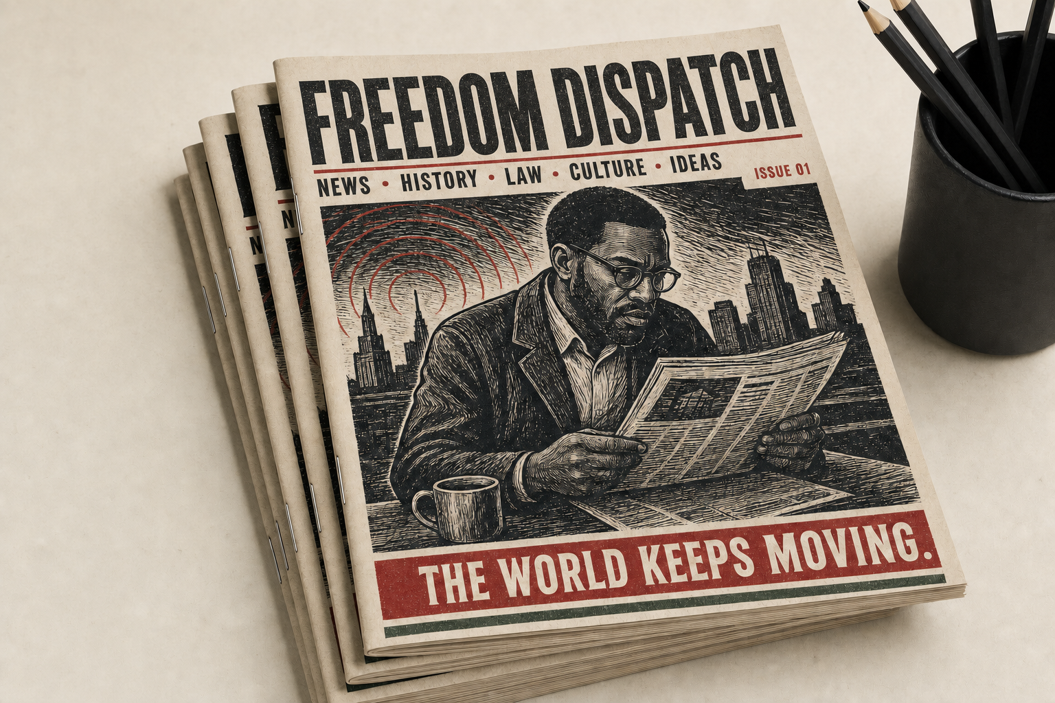 A stack of Freedom Dispatch monthly magazines